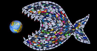 Plastic bottles in shape of shark eating the Earth