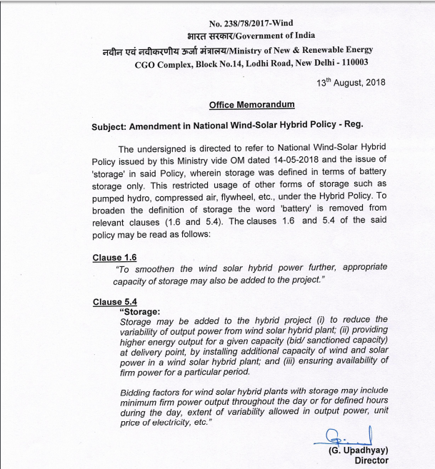 Amendments in National WindSolar Hybrid Policy; Storage gets more space