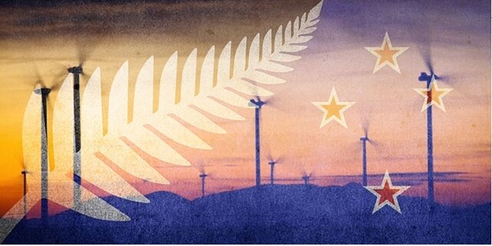 New Zeland Flag With Wind Turbines