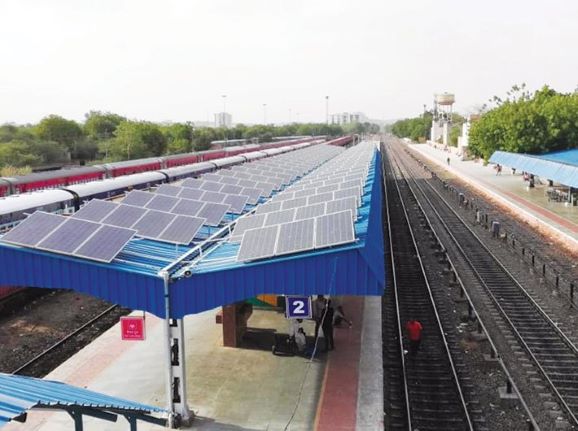railway station platform with solar panels