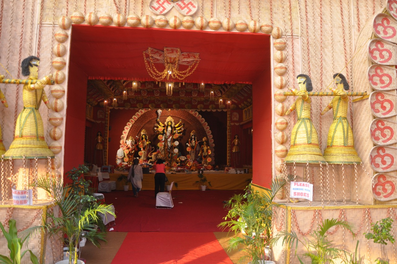 Eco-friendly Durga Puja Pandal in Delhi's Dwarka. Pic: Anirban Roy
