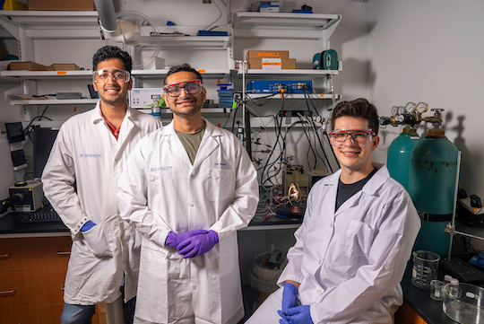 Ayush Agrawal (from left), Faiz Mandani and Austin Fehr. (Photo by Gustavo Raskosky/Rice University)